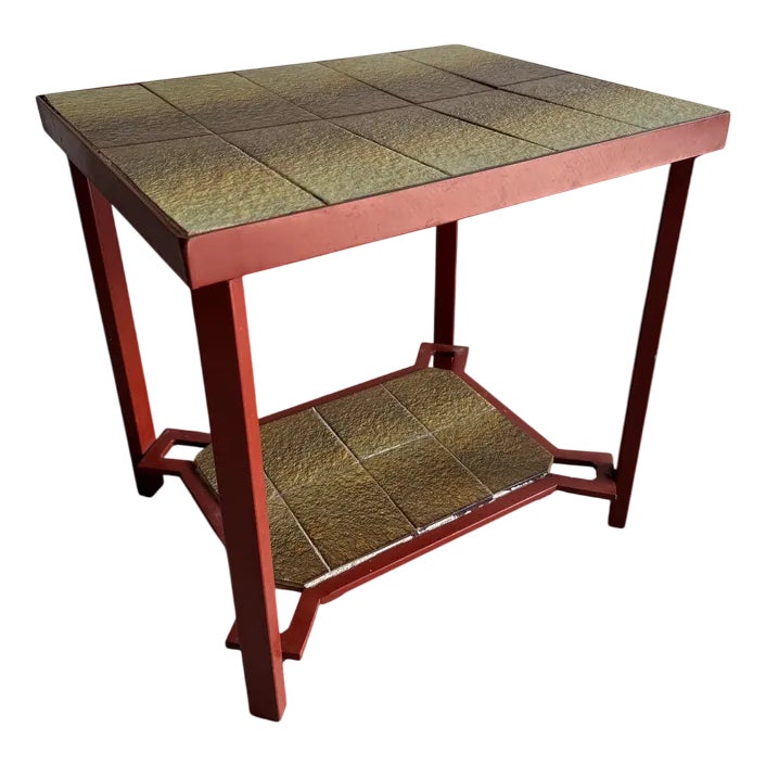 Vintage Ceramic Side Table with Terracotta Metal Frame | Chairish