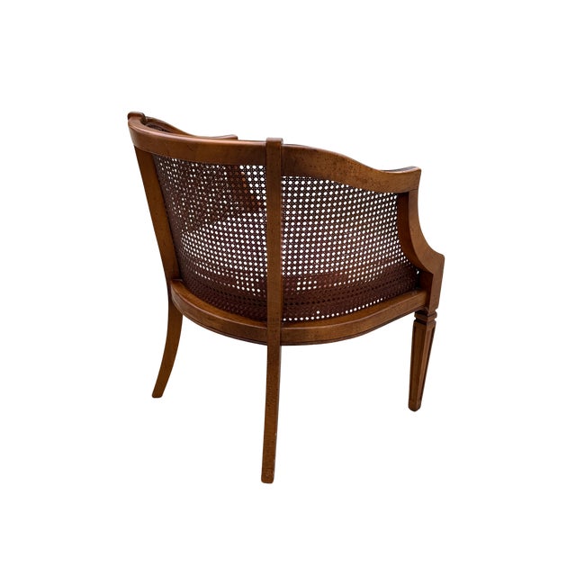 Brown Vintage Mid-Century Modern Cane Barrel-Back Armchair | Hollywood Regency Neoclassical Revival | Tufted Pink Plaid Upholstery For Sale - Image 8 of 18