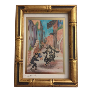 Late 20th Century Painting on Silk Signed by Lavi Zion "Simhat Torah Dancing Hassidim" 8.25"x6.25"