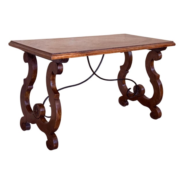 Early 20th Century Spanish rectangular coffee table with lyre Legs and marquetry top For Sale