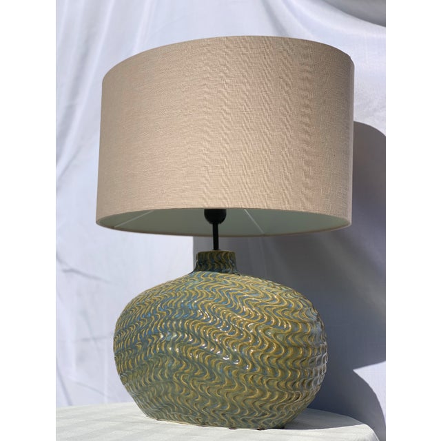 Brown Oblong Blue Ceramic Lamp with Shade Chairish