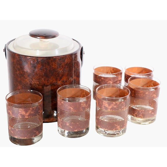Plastic Georges Briard Faux Tortoise Shell Barware Set Includes Ice Bucket and Six Glasses For Sale - Image 7 of 10