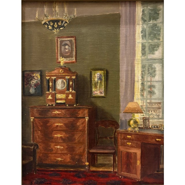 Beautiful vintage painting of charming period interior with wonderful jewel tone autumnal colors on board in original...