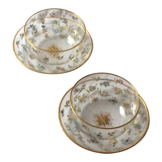 Hand-Painted Glass Bowls With Liners- 4 Pieces For Sale