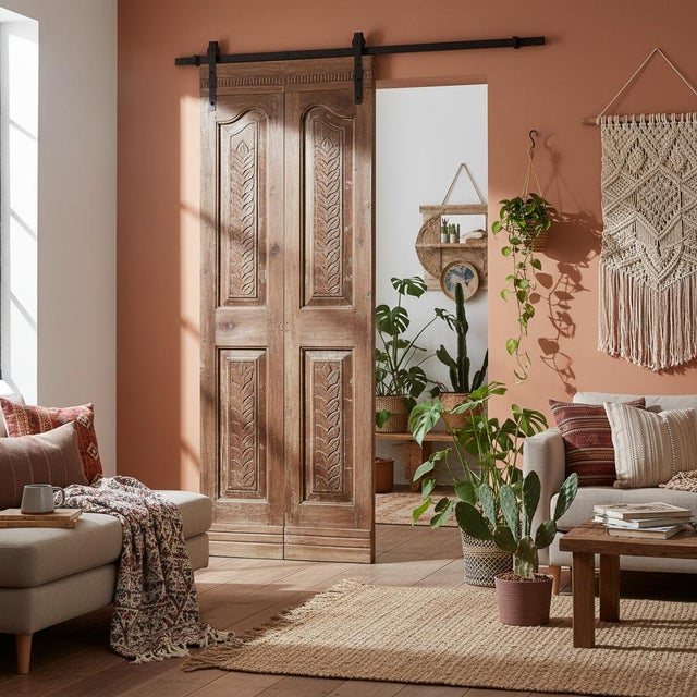 Vintage Floral Carved Double Doors – Rustic Farmhouse Reclaimed Wood Barn Door Set 80x29 For Sale - Image 4 of 4