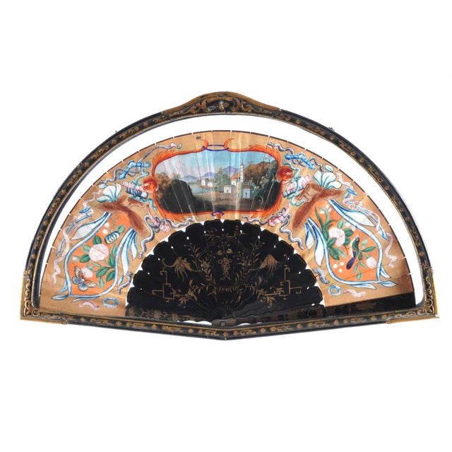 19th Century Framed Chinese Export Painted Fan mounted in fitted box. Delicate painted fan with courtyard scene of royal...