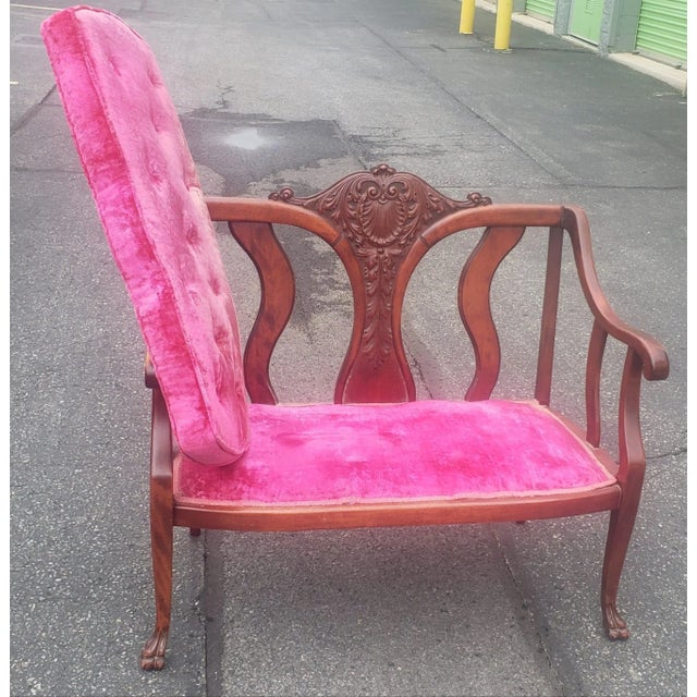 Wood Early 20th Century Victorian Style Carved Mahogany and Upholstered Settee For Sale - Image 7 of 10