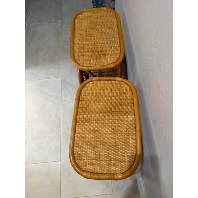 Pair..1970s Bamboo Cane Wicker Mid-Century Modern Side Bedside End Sofa Table Magazine Stand For Sale - Image 4 of 7