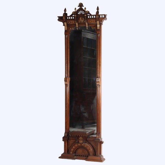 Eastlake Aesthetic Walnut Burl Hall Mirror Gilt Highlights C1870 For Sale - Image 4 of 18