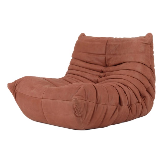 Original Michel Ducaroy Togo Sofa Fireside Chair in Red Brick Leather For Sale