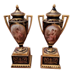 Antique Museum Royal Vienna Gold Porcelain Urns- a Pair