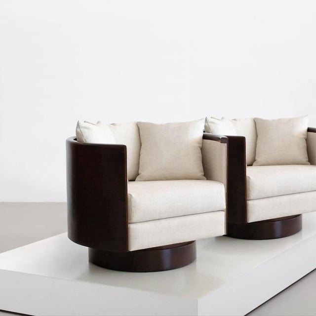 Milo Baughman Style Wood-Frame Barrel Back Swivel Chairs - A Pair For Sale - Image 4 of 6