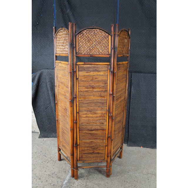 British Colonial Style Bamboo & Rattan 3 Panel Room Divider Screen Boho Chic For Sale - Image 9 of 11