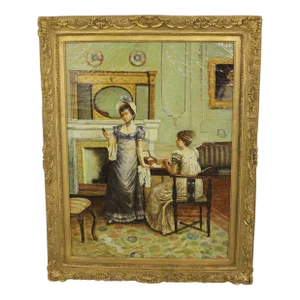 Vintage Framed Oil Painting on Canvas ~ 2 Victorian Girls