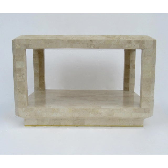 Contemporary C.1970's Post-Modern Maitland Smith Table, Manner of Karl Springer-Style, Tessellated Stone & Brass Inlaid Trim Side/End Table For Sale - Image 3 of 13
