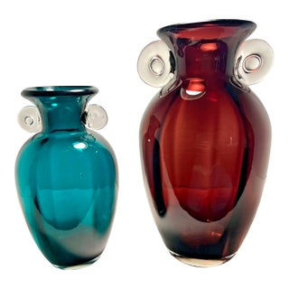 Pair of Hand Blown Art Glass Vases Amethyst Purple & Blue Green Bubble Handles For Sale
