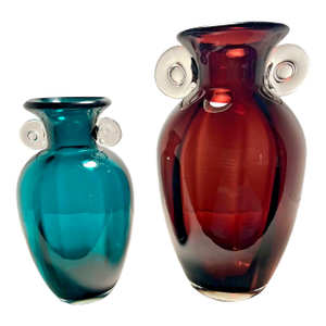 Pair of Hand Blown Art Glass Vases Amethyst Purple & Blue Green Bubble Handles