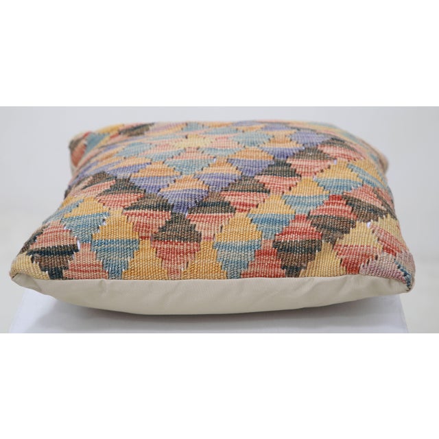 Tribal Arteverk Handwoven Afghan Kilim Pillow — Purple & Blue Harlequin Diamonds For Sale - Image 3 of 3