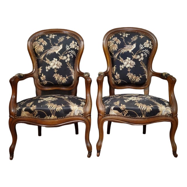Napoleon III Mahogany Armchairs with Silk-Like Upholstery For Sale