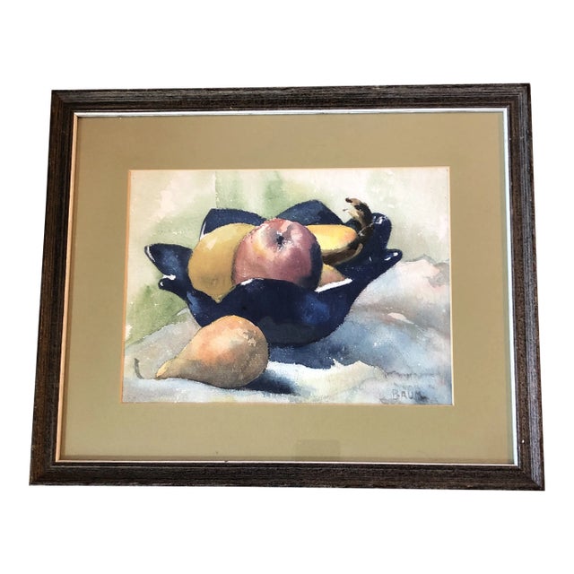 Original Vintage Still Life Watercolor Painting Signed Baum Fruit in Bowl 1950’s For Sale