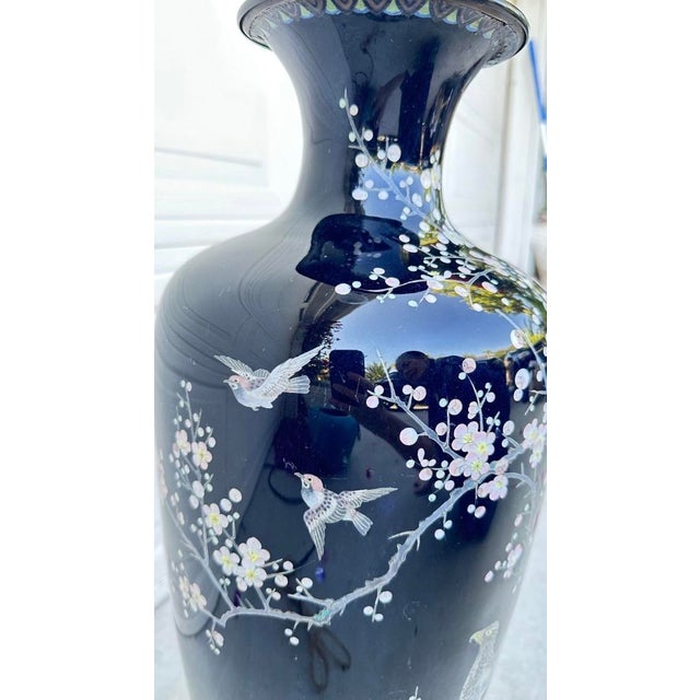 Late 19th Century Huge Meiji Japanese Cloisonné Black Ground Bird & Blossom Tall Table Lamp 40" For Sale In San Diego - Image 6 of 18