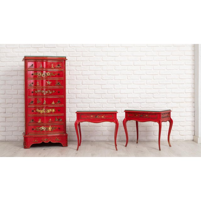 Red Mid-Century Red Lacquer Chinoiserie Secretary Chest and Side Tables, 1960s, Set of 3 For Sale - Image 8 of 8