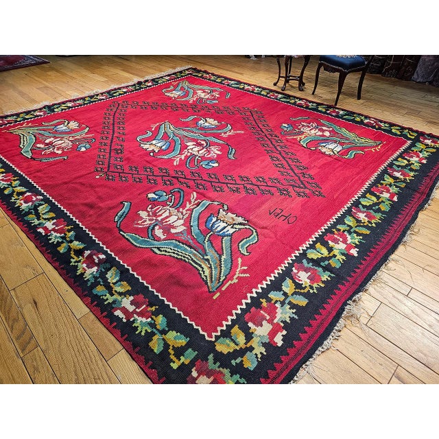 Vintage Turkish Bessarabian Kilim, Handwoven Wool, Floral Pattern, Red & Black, 11x13 For Sale - Image 10 of 13