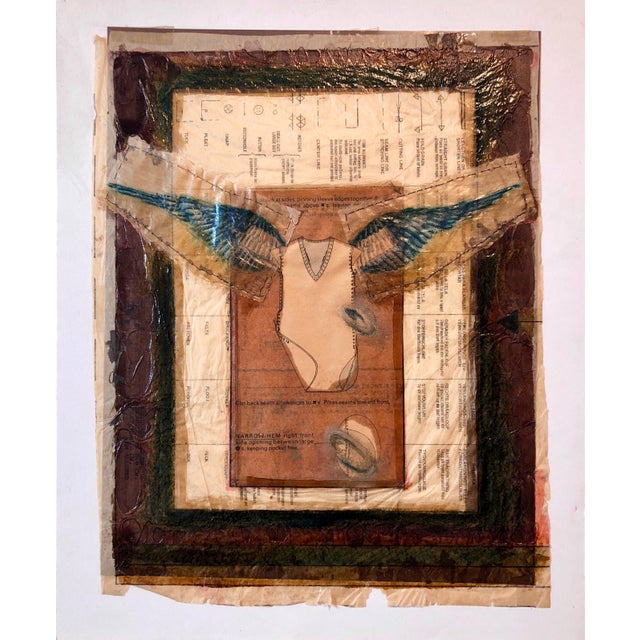 Angel Wings Mixed Media Collage Painting Assemblage Piece Stitched and Sewn For Sale