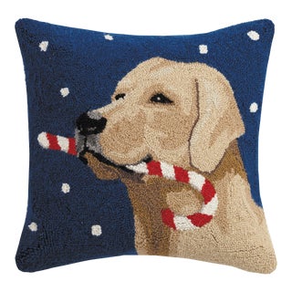 Golden Labrador with Candy Cane Hook Pillow 18" x 18" For Sale