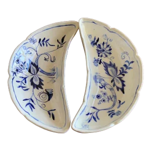 Antique Blue & White Floral Half Moon Dishes- a Pair