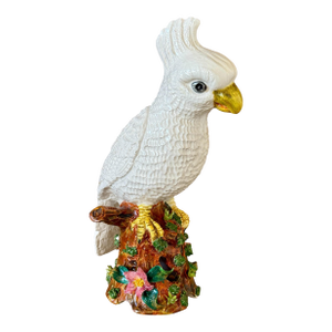 Mid-20th Century Italian Ceramic White Cockatoo Figurine on Floral Tree Stump