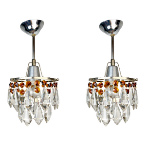Mid 19th Century Chrome Crystal Pendant Lights With Amber Octagon Details – Pair