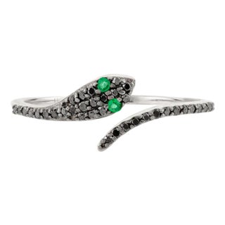 18k Gold Serpent Ring With Emerald Eyes and Pave Set Black Diamonds Size 7 For Sale