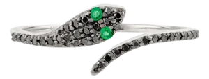 18k Gold Serpent Ring With Emerald Eyes and Pave Set Black Diamonds Size 7