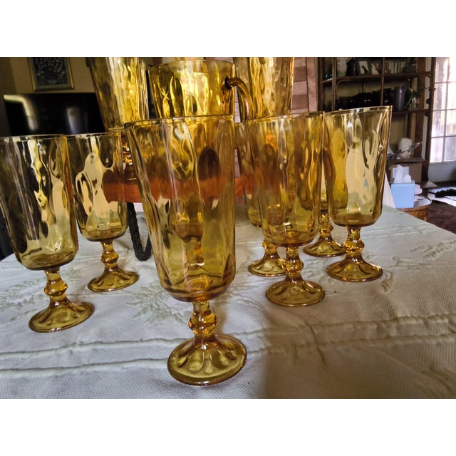 Vintage Mid-Century Amber Glass Water Pitcher & Tall Stemmed Goblets Rare 13-Piece Set For Sale - Image 6 of 6