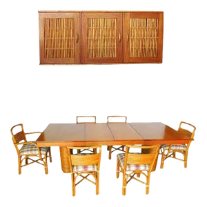 Restored Rattan & Mahogany Table/Chairs Dining Set With Sideboard