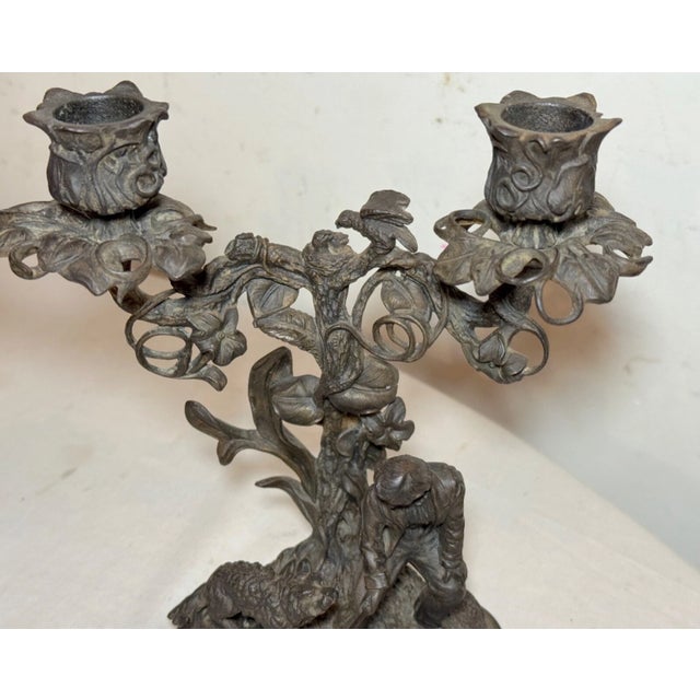 Pair Antique Bronze Patinated Cast Iron Ornate Figural Dog German Candelabras For Sale - Image 15 of 17