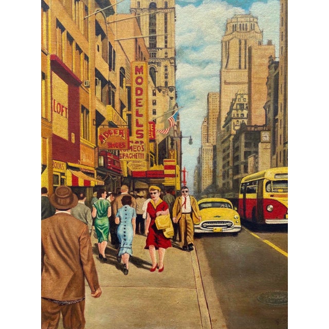 Dave Milton Vintage 1959 Mid Century Modern Edward Hopper Style " 42nd Street and Fifth Avenue, New York City " Framed Original Realist Oil Painting For Sale - Image 9 of 18
