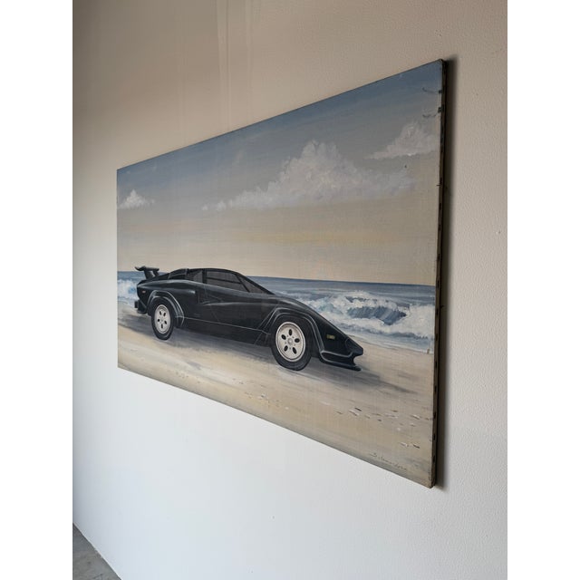 1980s 1980s Schamerhorn Black Lamborghini Countach on Sandy Beach Oil on Canvas Painting – Signed, Unframed For Sale - Image 5 of 14