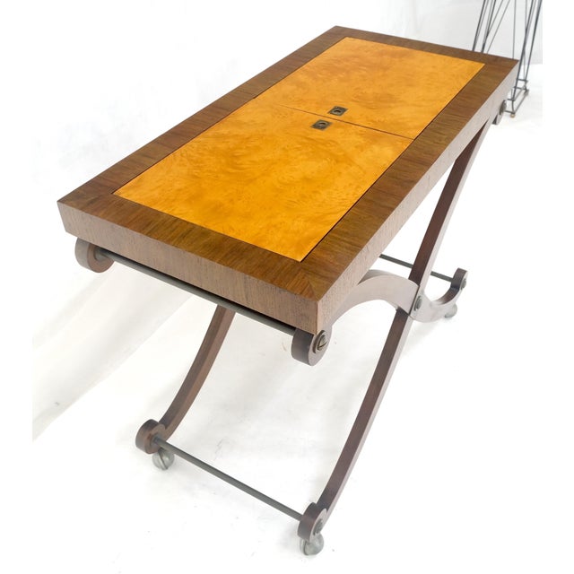 Lift Top Two Tone Elegant X Shape Base Serving Cart Table on Wheels For Sale - Image 10 of 10