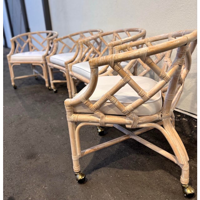 Restored, vintage, Henry link white washed rattan dining or card table set. Well made, Timeless American Chippendale...