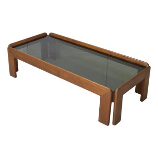 Rectangular Walnut and Smoked Glass Coffee Table by Afra and Tobia Scarpa for Cassina, Italy, 1960s For Sale