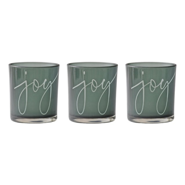 Green Glass Joy Candle Holder (Set of 3) For Sale