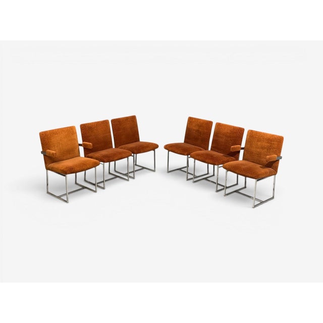 Milo Baughman, American Mid-Century Modern, Six Dining Chairs, Chrome, Fabric, USA, 1970 Set of six patinated chrome and...