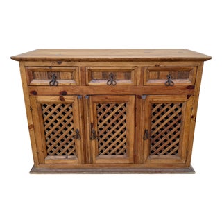 1960s Spanish Rustic Pine Sideboard With Lattice Doors and Iron Hardware For Sale