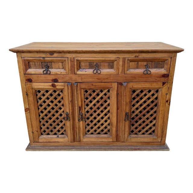 1960s Spanish Rustic Pine Sideboard With Lattice Doors and Iron Hardware For Sale