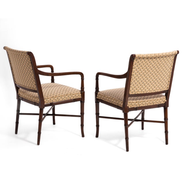 Traditional Regency Style Mahogany Bamboo Armchairs With Original Upholstery - A Pair For Sale - Image 3 of 15