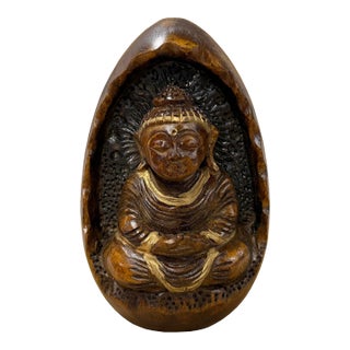 Vintage Oval Egg Shape Wood Relief Carved Buddha Meditation Figure For Sale