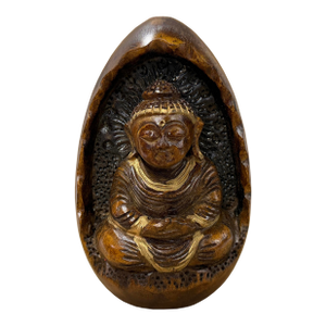 Vintage Oval Egg Shape Wood Relief Carved Buddha Meditation Figure