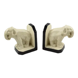 French Art Deco Crackle Ceramic Elephant Sculpture Bookends by Le Moine